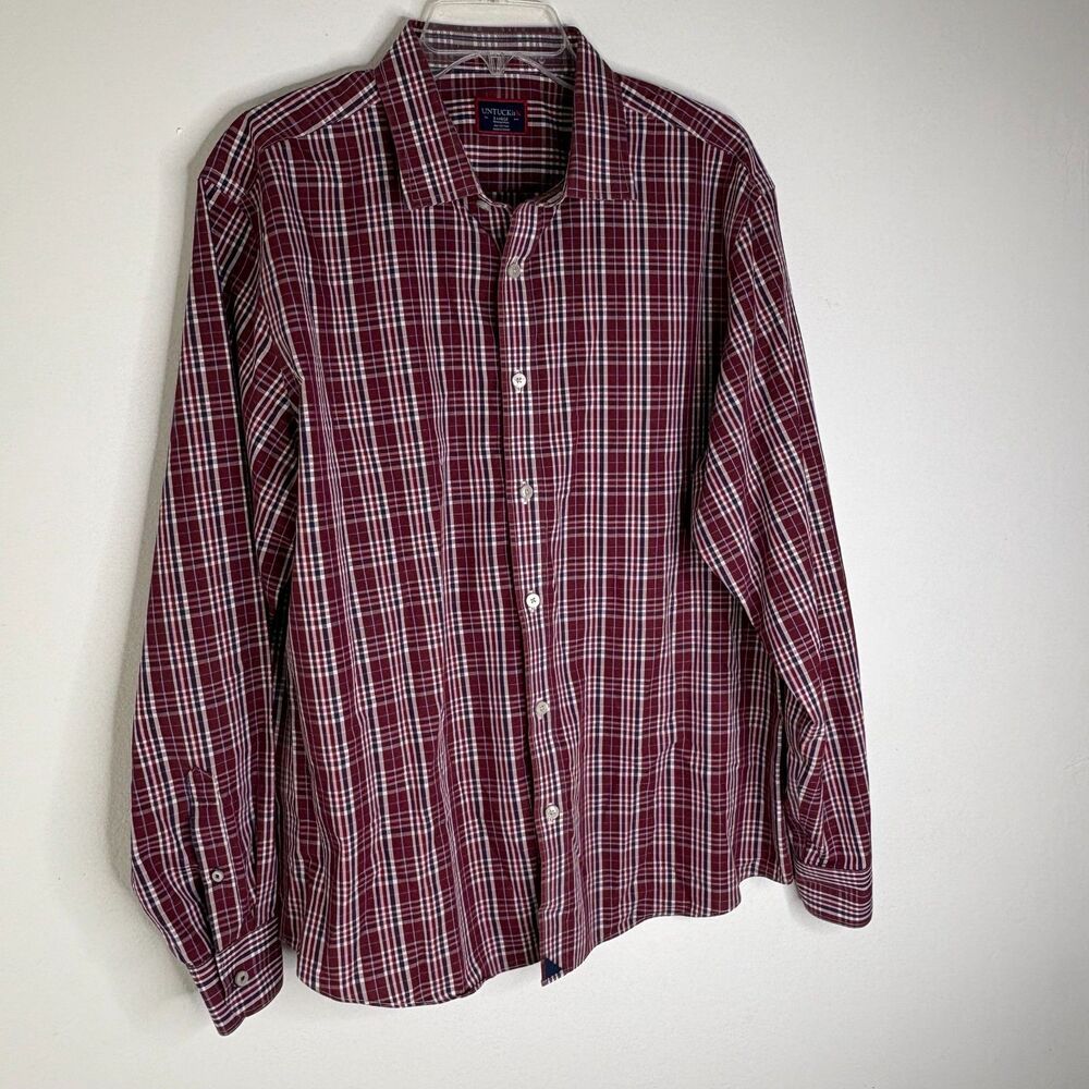 UNTUCKit Mens XL Plaid Button Down Shirt Burgundy Cotton Long Sleeve